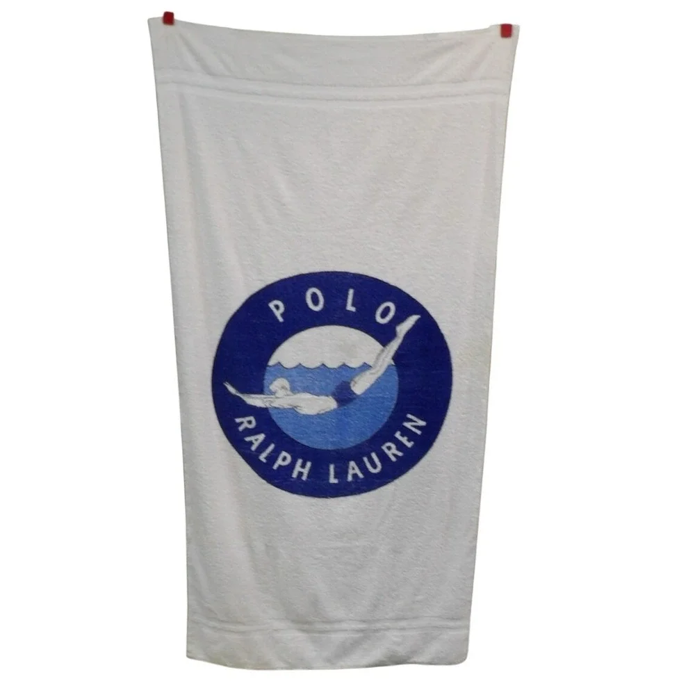 Polo Ralph Lauren Vintage Beach Towel White Blue Diver Logo Graphic Cotton USA